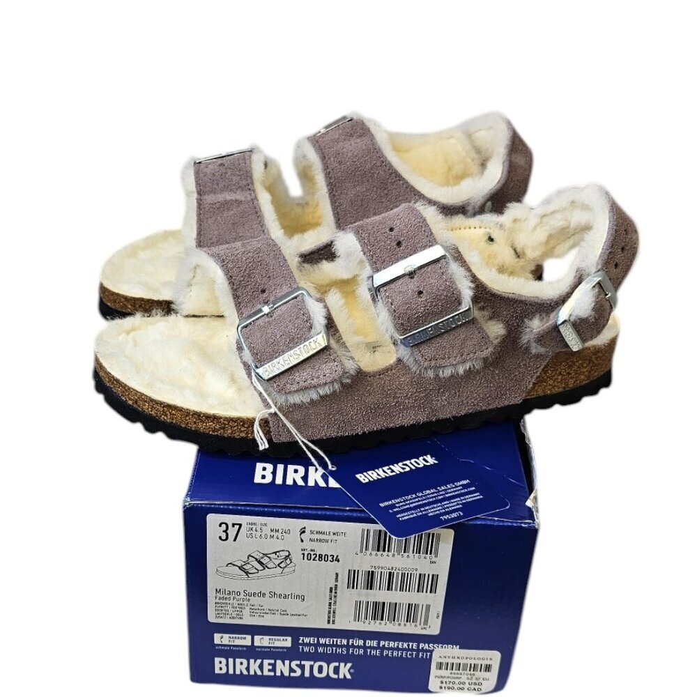 Birkenstock Womens Milano Shearling Sandals, Faded Purple, Narrow,Suede, 37 / 6